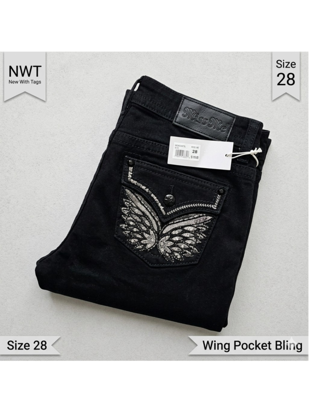NWT Miss Me Black Eclipse Butterfly Wing Slim Wide Jeans M3080SW79L 28x34 Bling